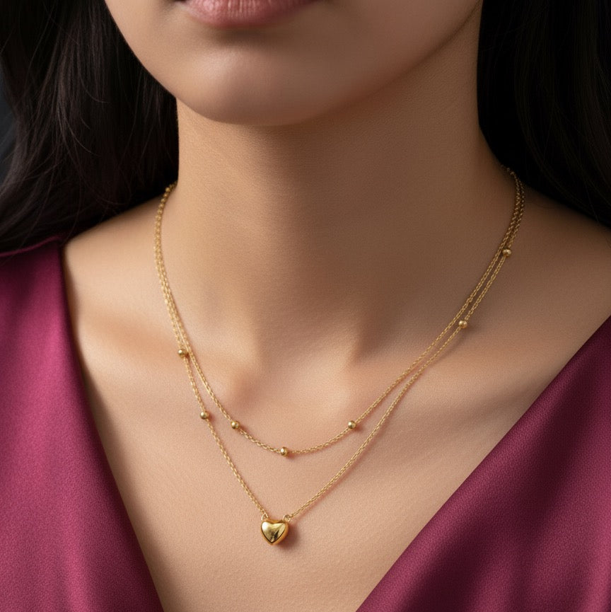 Layered Heart Charm Gold Necklace