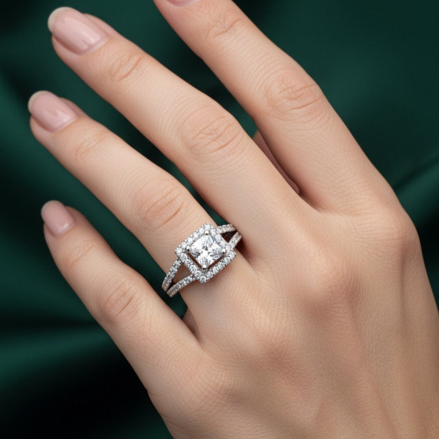 Square Halo Princess-Cut CZ Silver Ring