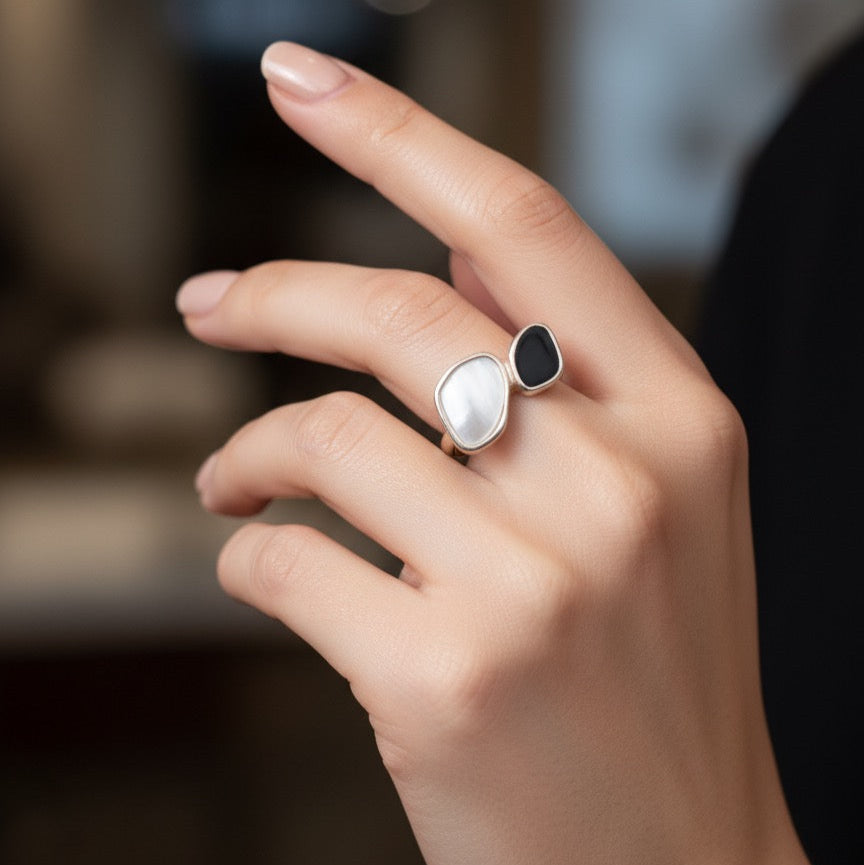 Dual Stone Black & White Adjustable Silver Ring