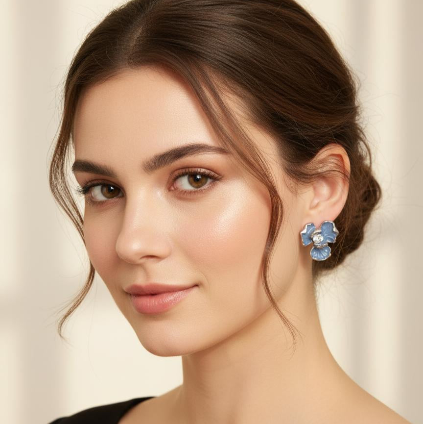 Blue Enamel Blossom Stud Earrings