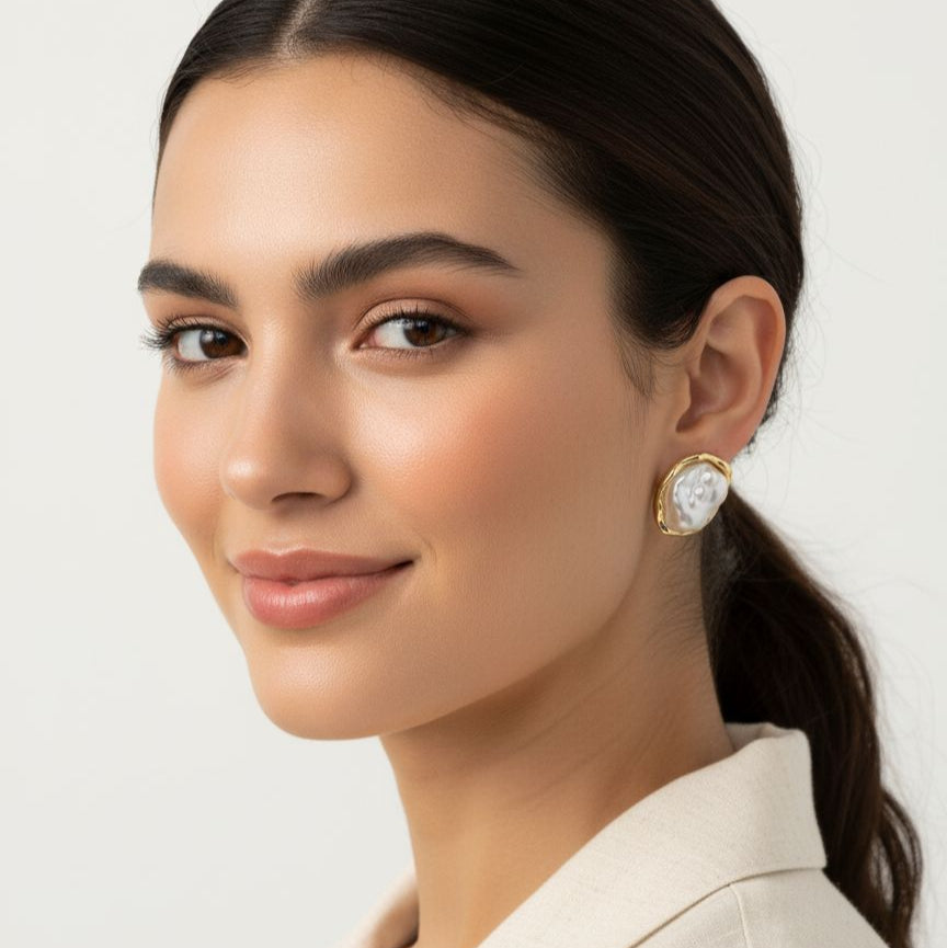 Baroque Pearl Gold-Edged Stud Earrings