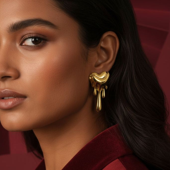 Golden Drip Heart Stud Earrings