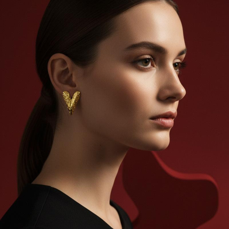 Textured Heart-Shaped Gold Stud Earrings