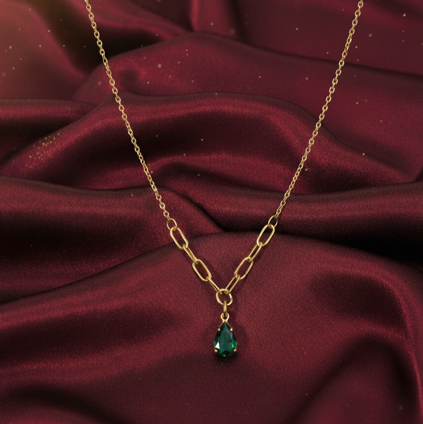 Emerald Teardrop Gold Chain Necklace