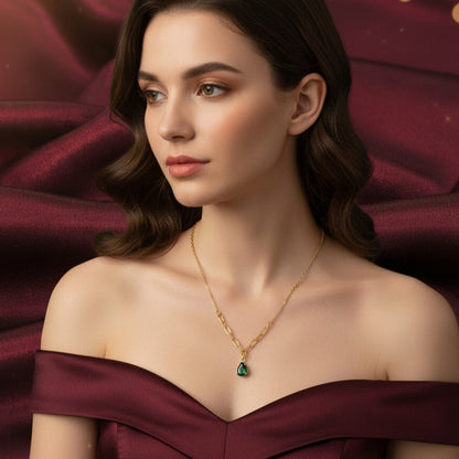 Emerald Teardrop Gold Chain Necklace