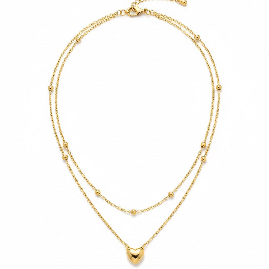Layered Heart Charm Gold Necklace