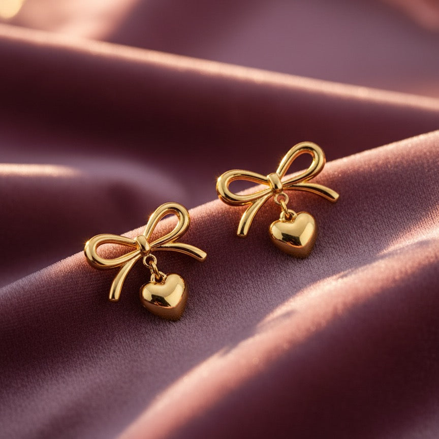 Golden Bow Heart Drop Stud Earrings