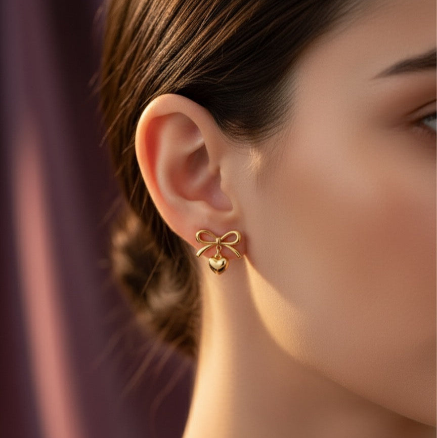 Golden Bow Heart Drop Stud Earrings