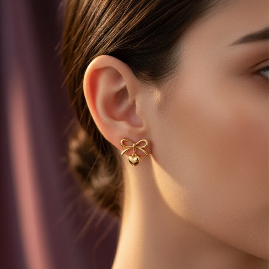 Golden Bow Heart Stud Earrings