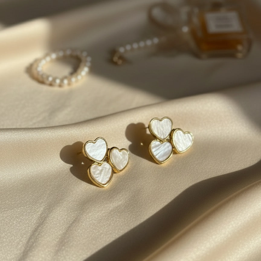 Triple Heart Mother of Pearl Stud Earrings