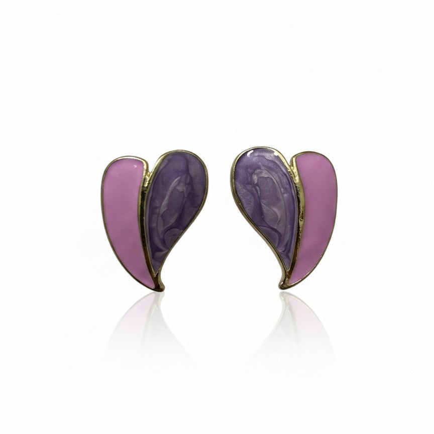 Dual-Tone Lilac & Pink Enamel Heart Stud Earrings