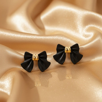 Black Bow Gold Accent Stud Earrings