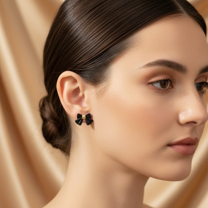 Black Bow Gold Accent Stud Earrings