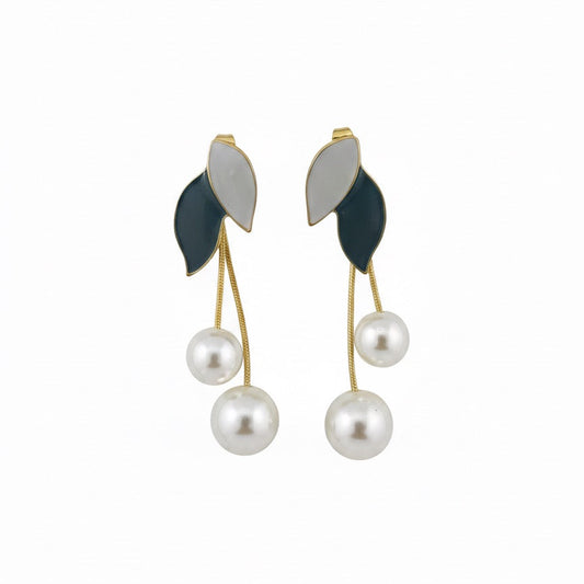 Leaf & Pearl Drop Enamel Earrings
