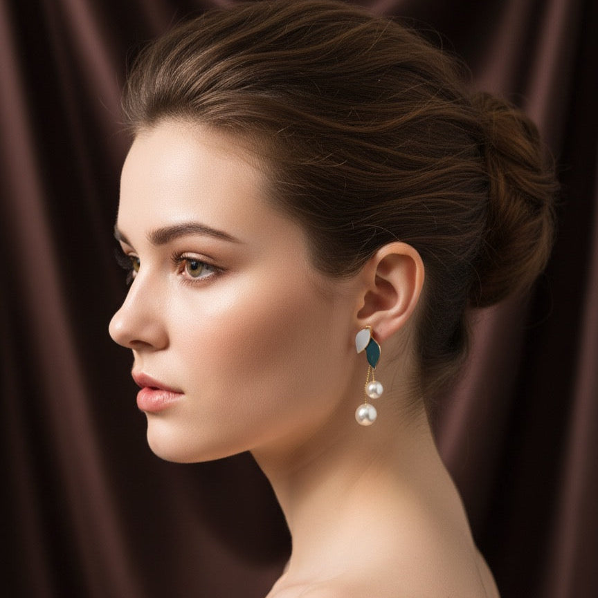Leaf & Pearl Drop Enamel Earrings