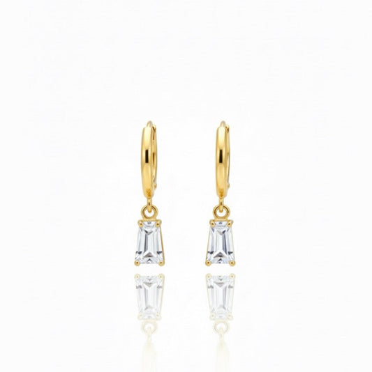 Gold Baguette CZ Drop Hoop Earrings