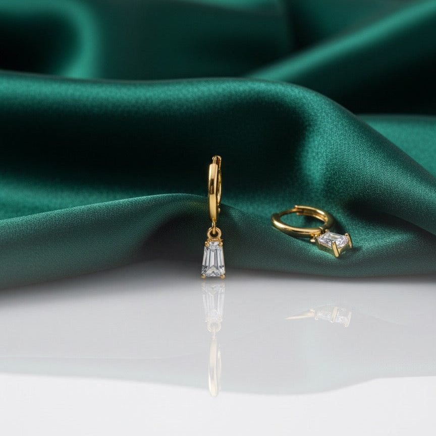 Gold Baguette CZ Drop Hoop Earrings
