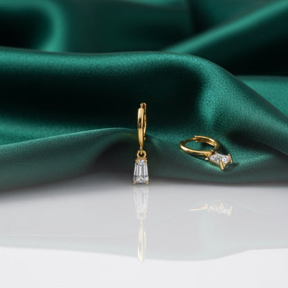 Gold Baguette CZ Drop Hoop Earrings