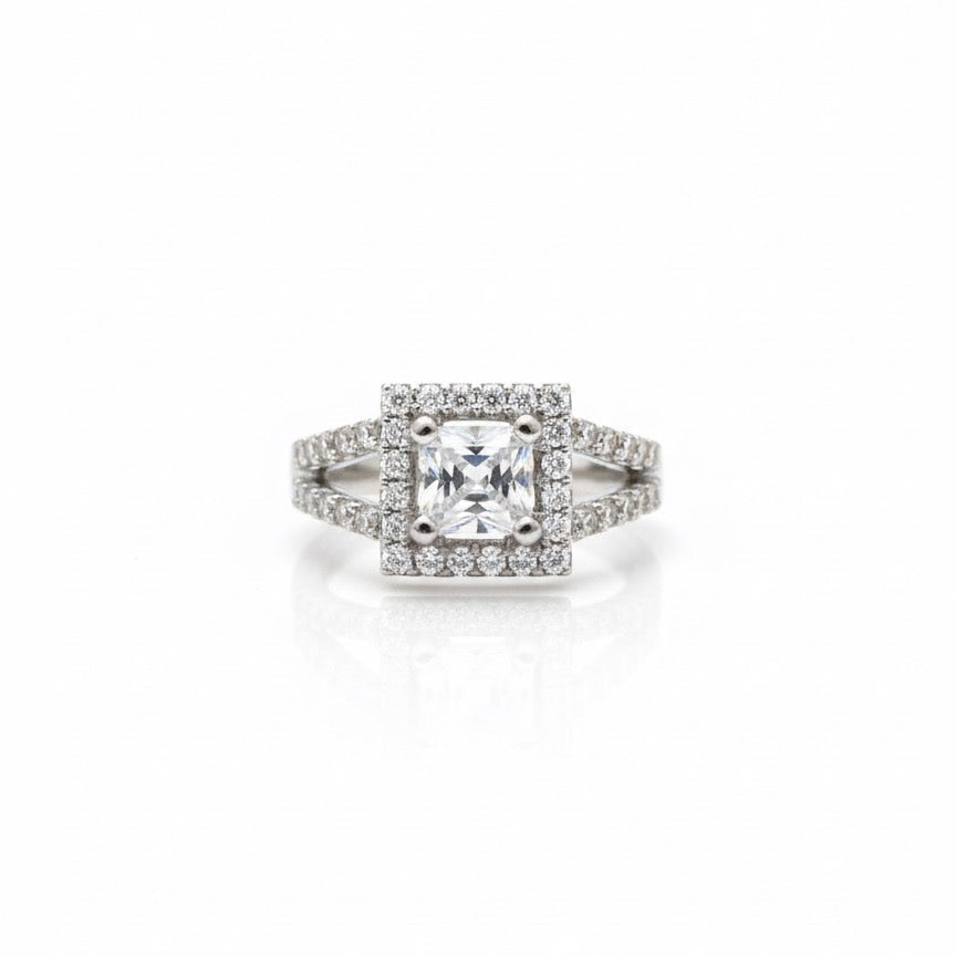 Square Halo Princess-Cut CZ Silver Ring