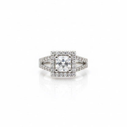 Square Halo Princess-Cut CZ Silver Ring