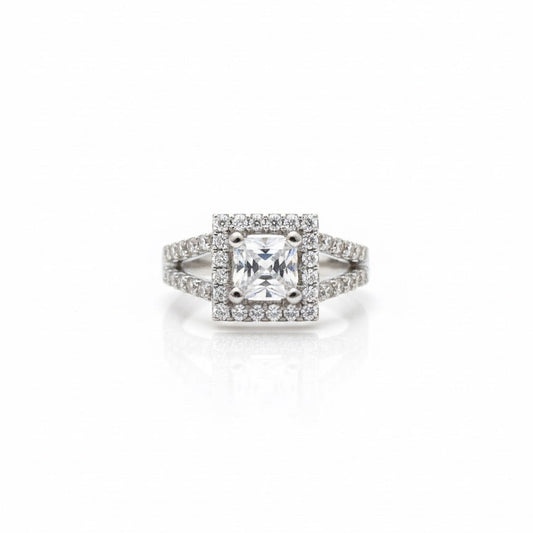 Square Halo Princess-Cut CZ Silver Ring