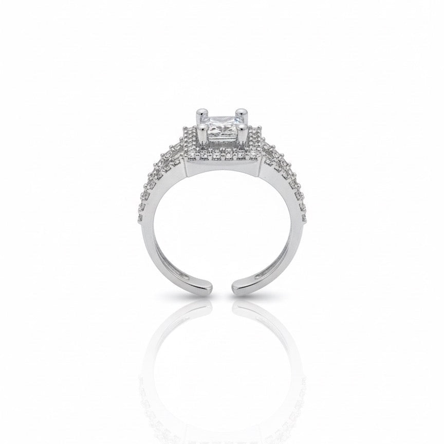 Square Halo Princess-Cut CZ Silver Ring