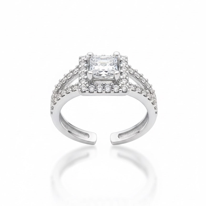 Square Halo Princess-Cut CZ Silver Ring