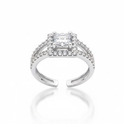 Square Halo Princess-Cut CZ Silver Ring