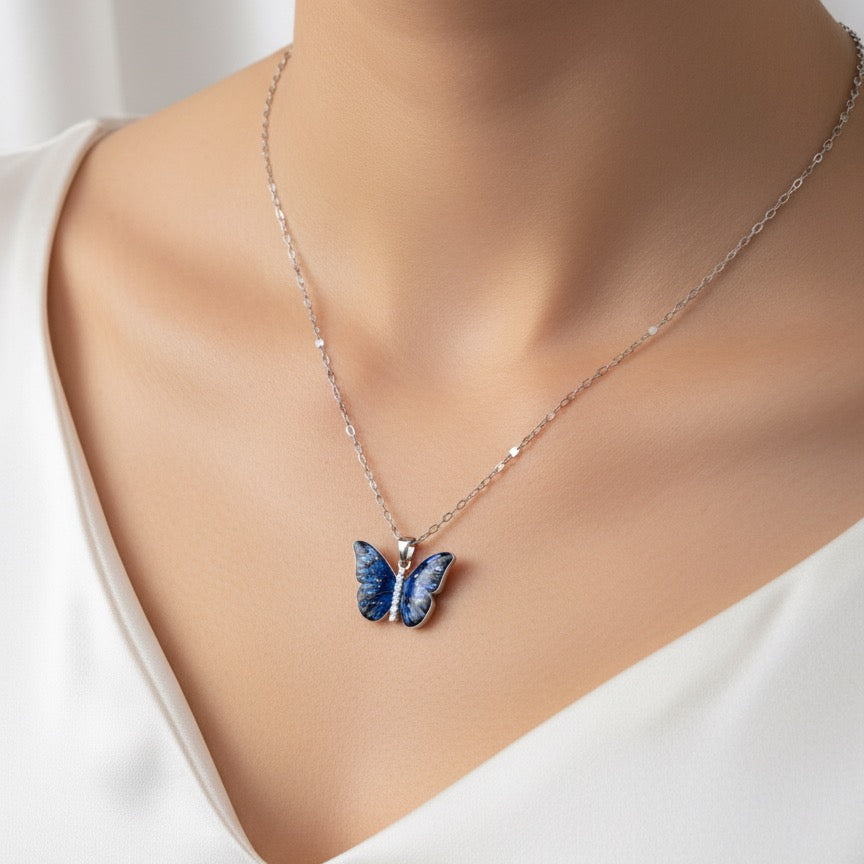 Blue Butterfly Charm Silver Necklace