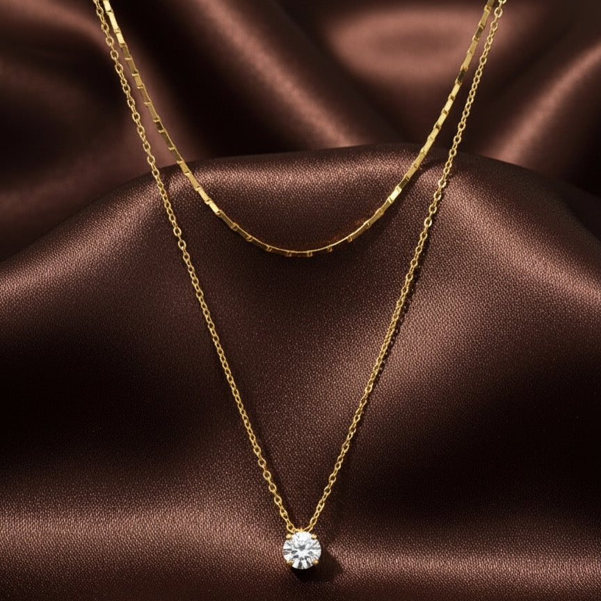 Dual Layer Solitaire Gold Necklace