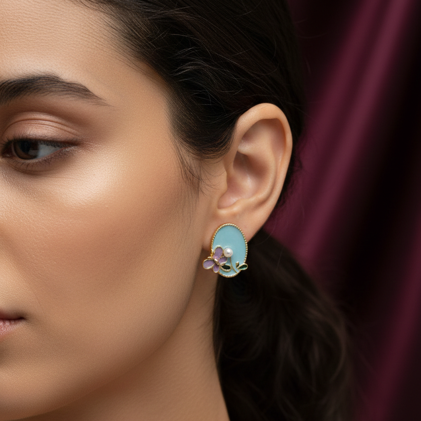 Aqua Blossom Pearl Stud Earrings