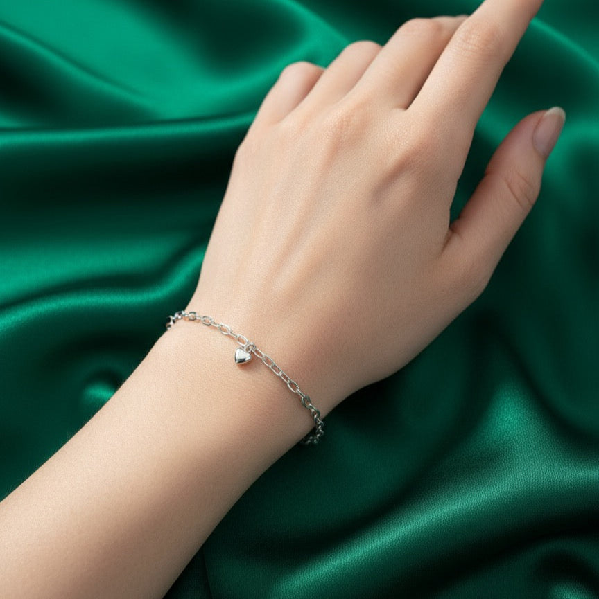 Silver Link Chain Bracelet with Heart Charm