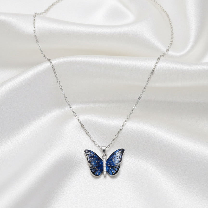 Blue Butterfly Charm Silver Necklace