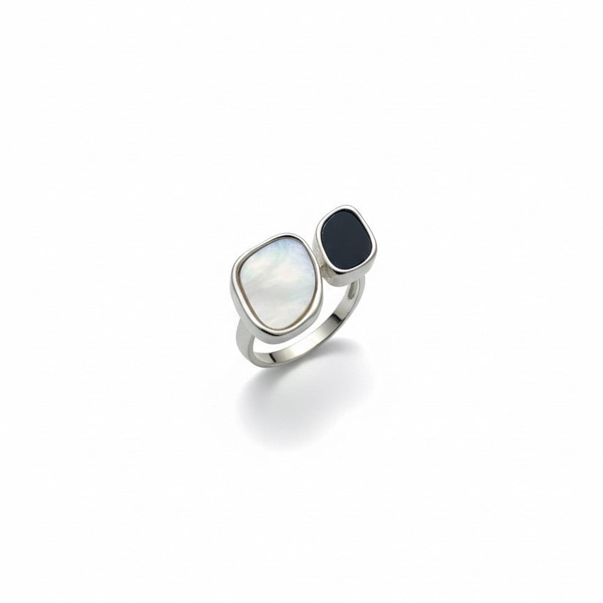 Dual Stone Black & White Adjustable Silver Ring