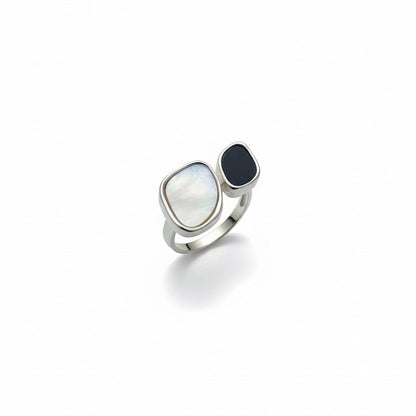 Dual Stone Black & White Adjustable Silver Ring