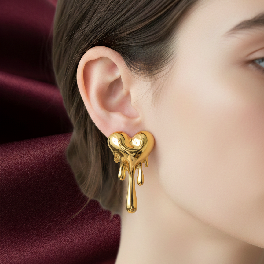 Golden Drip Heart Statement Earrings