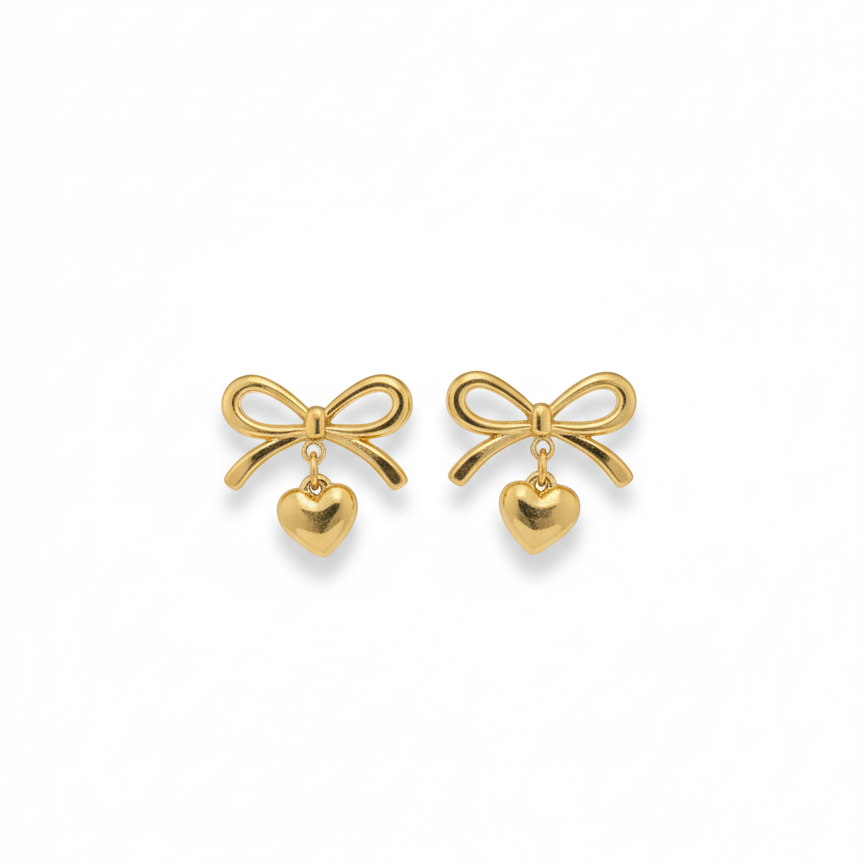 Golden Bow Heart Stud Earrings