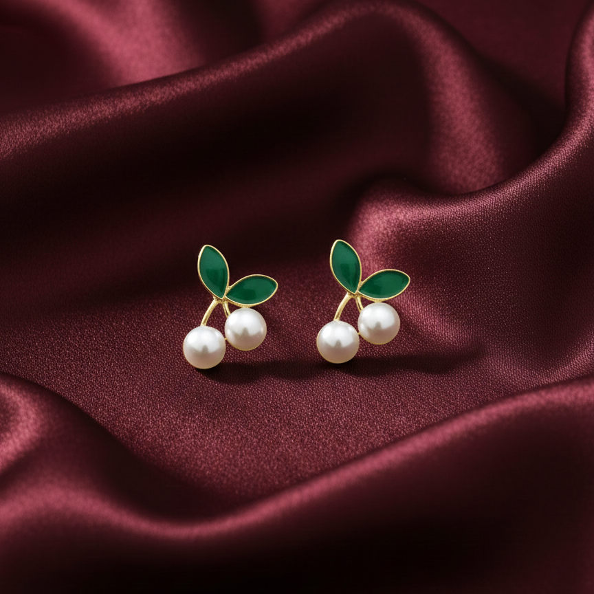 Mini Cherry Pearl Leaf Stud Earrings