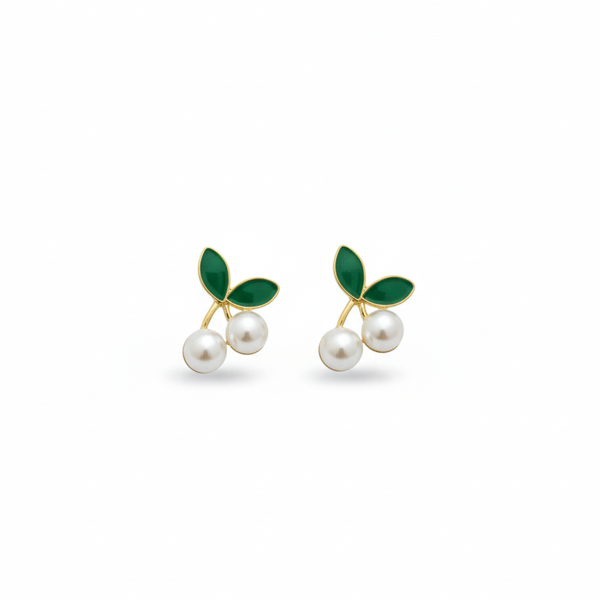 Mini Cherry Pearl Leaf Stud Earrings