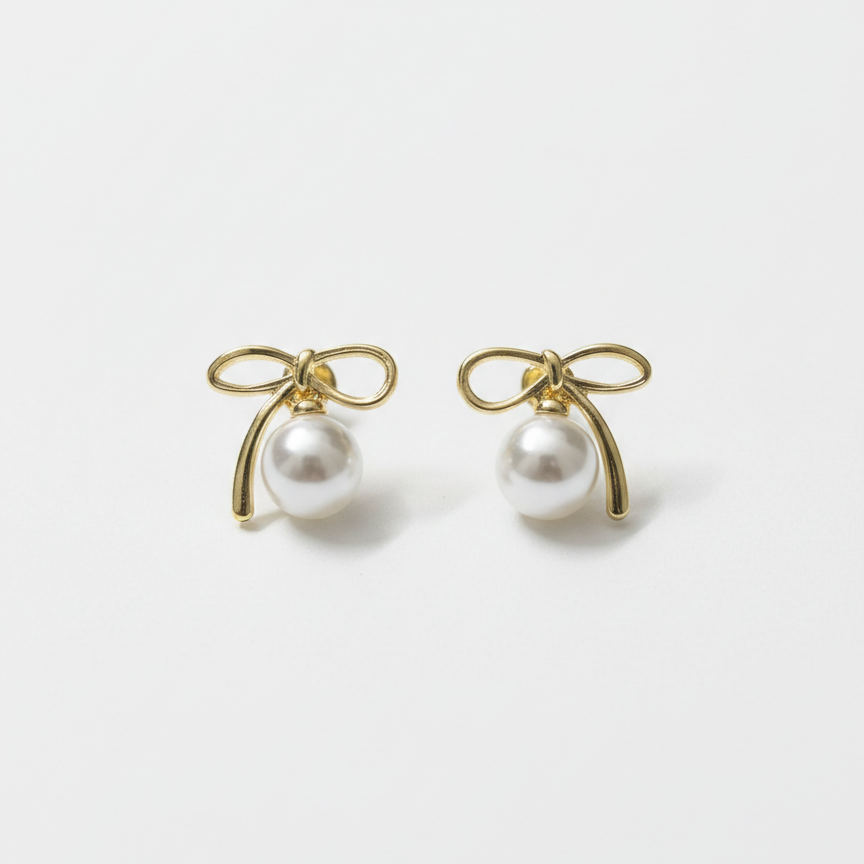 Golden Bow Pearl Drop Earrings