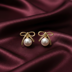 Golden Bow Pearl Drop Earrings
