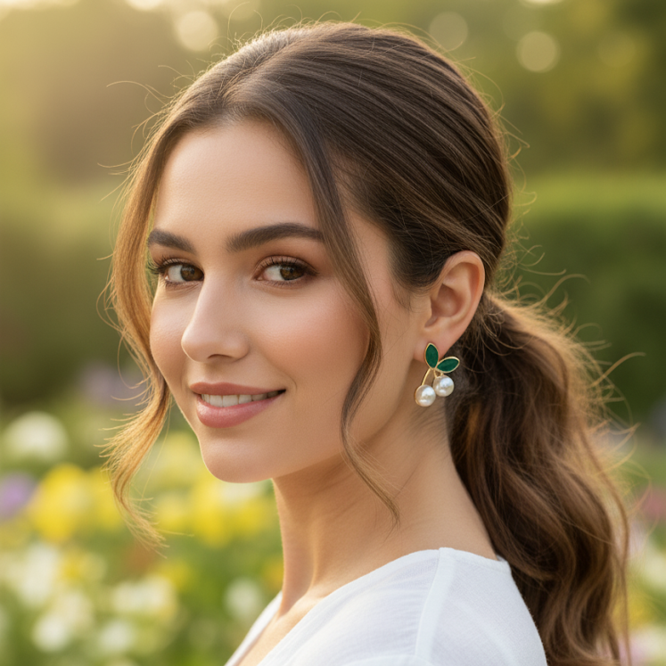 Green Leaf & Pearl Stud Earrings