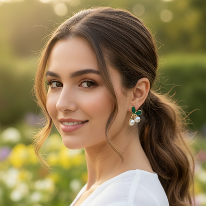 Green Leaf & Pearl Stud Earrings