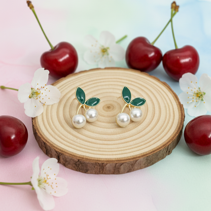 Green Leaf & Pearl Stud Earrings