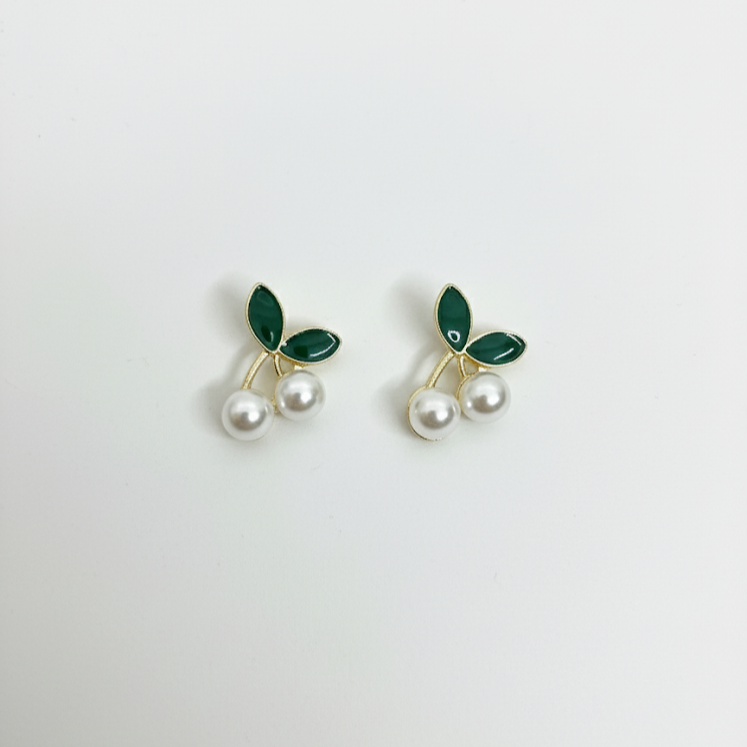 Green Leaf & Pearl Stud Earrings
