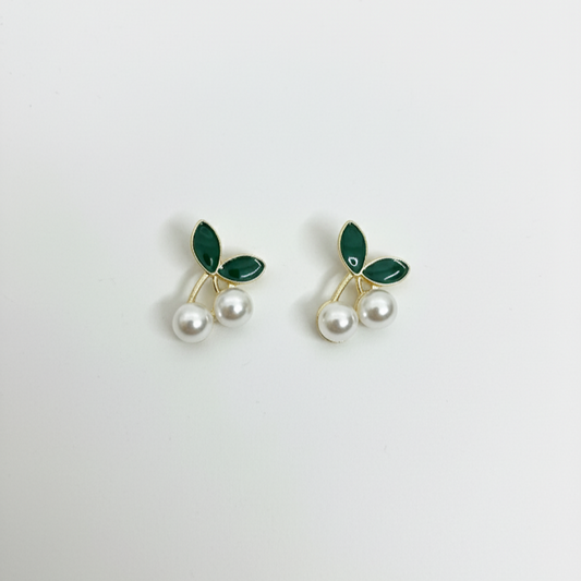 Green Leaf & Pearl Stud Earrings