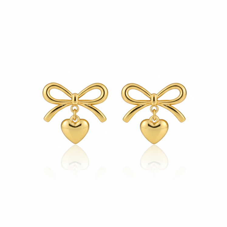 Golden Bow Heart Drop Stud Earrings