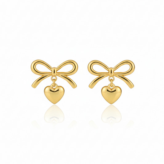 Golden Bow Heart Drop Stud Earrings