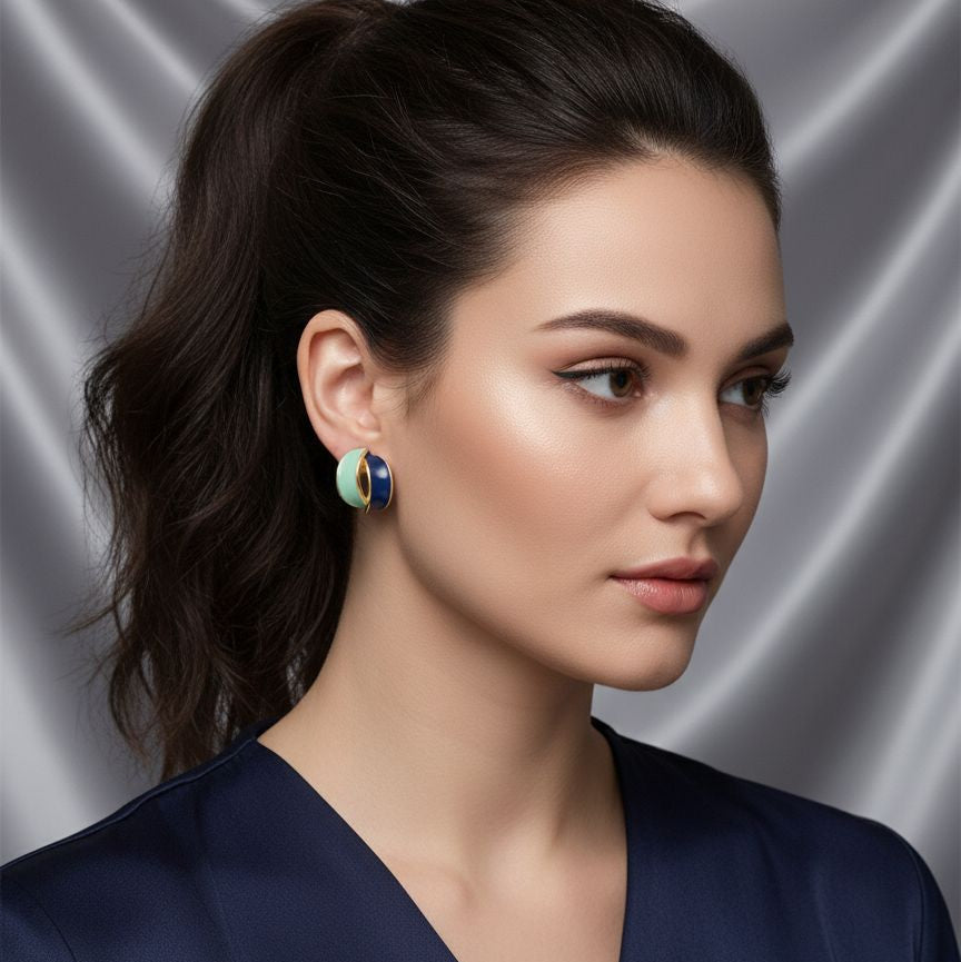 Dual-Tone Enamel Hoop Stud Earrings