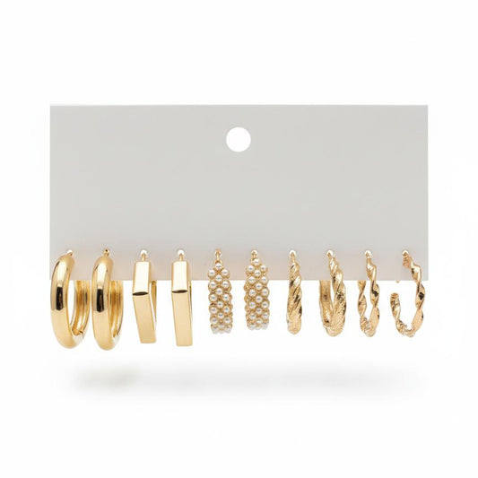 Golden Hoop & Pearl Mix Earring Set – Set of 6